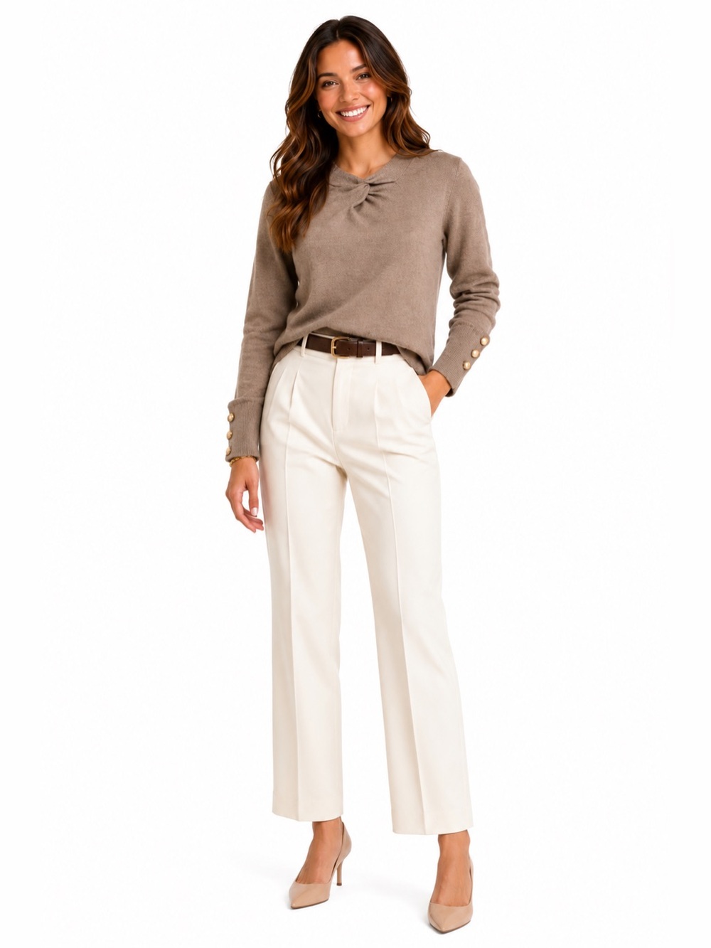 Adrianna Papell Taupe Twist-Neck Sweater with Button Cuffs